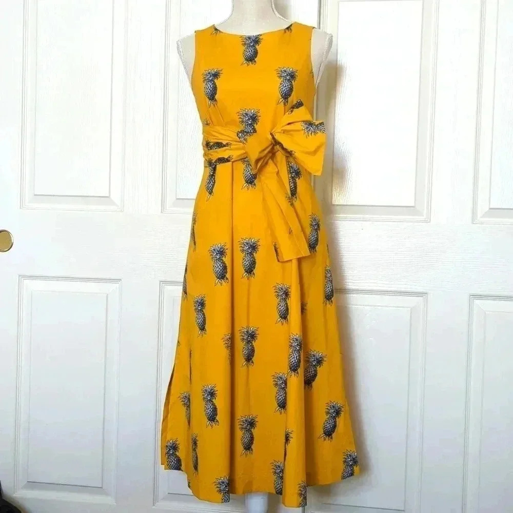 Ann Taylor Yellow Pineapple Print Fit and Flare Midi Dress - Picture 5 of 10